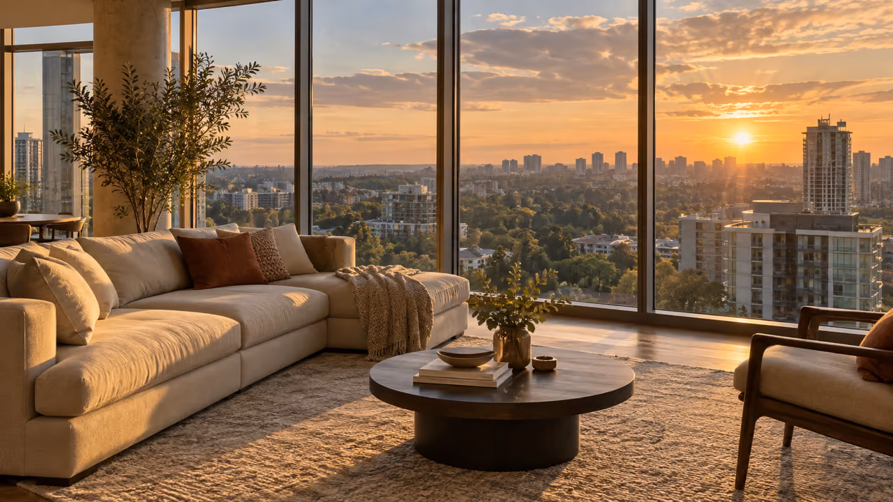 View of a living room at sunset: a cream sectional sofa with rust and patterned cushions and a knitted throw, a round dark wood coffee table holding books, a bowl and a vase of leaves on a woven rug, a wooden armchair, and a potted olive tree beside a concrete column, in front of floor-to-ceiling windows that look out over a tree-covered city of mid-rise and high-rise towers, with the sun low on the right.